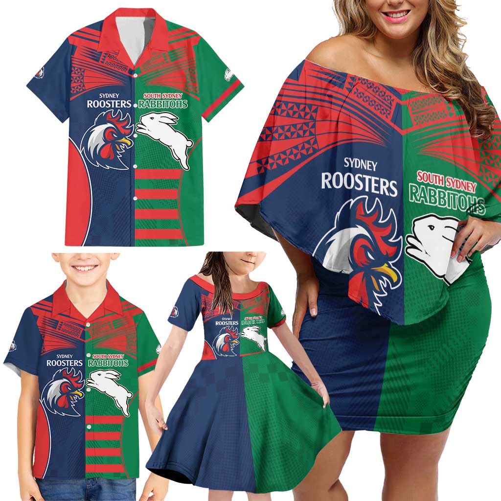 Custom Roosters-Rabbitohs Family Matching Off Shoulder Short Dress and Hawaiian Shirt NRL Tribal Half Style