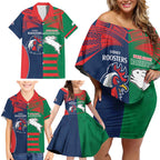Custom Roosters-Rabbitohs Family Matching Off Shoulder Short Dress and Hawaiian Shirt NRL Tribal Half Style