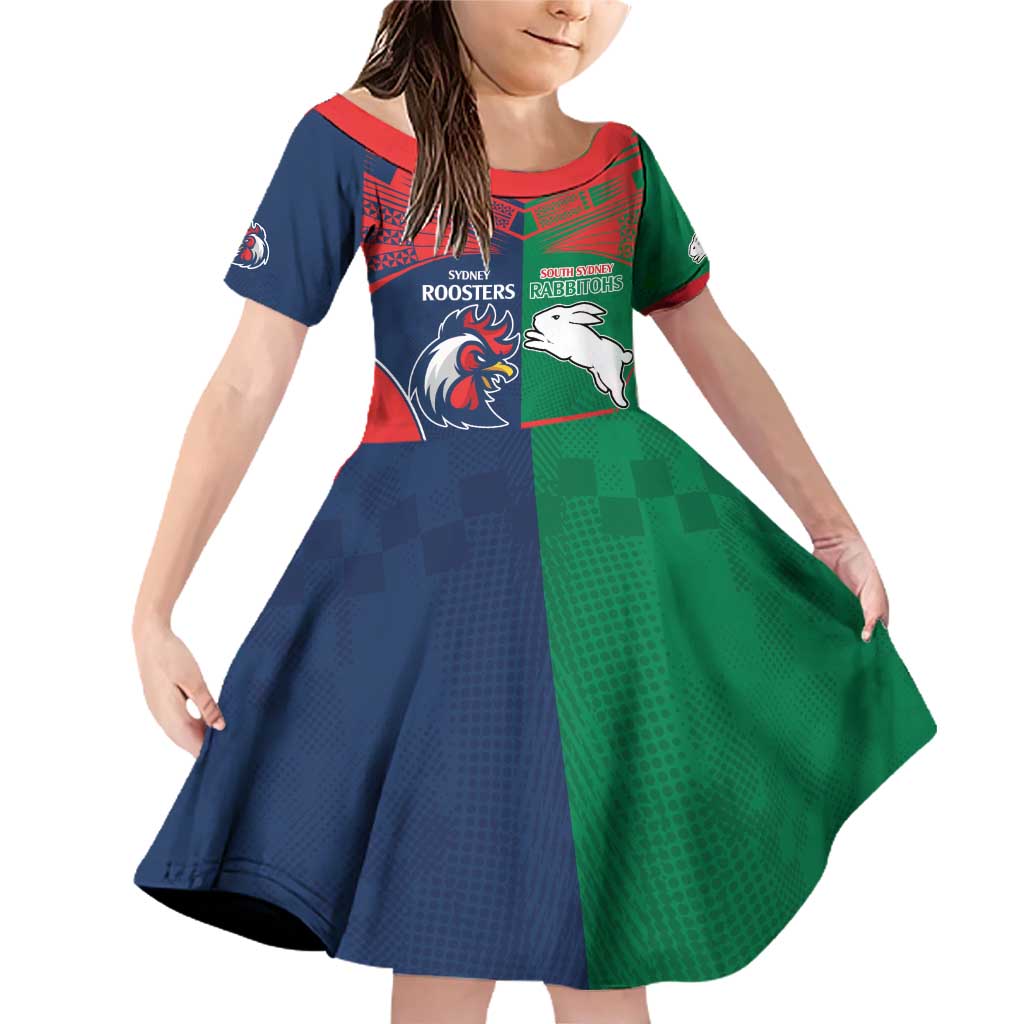 Custom Roosters-Rabbitohs Family Matching Off Shoulder Short Dress and Hawaiian Shirt NRL Tribal Half Style