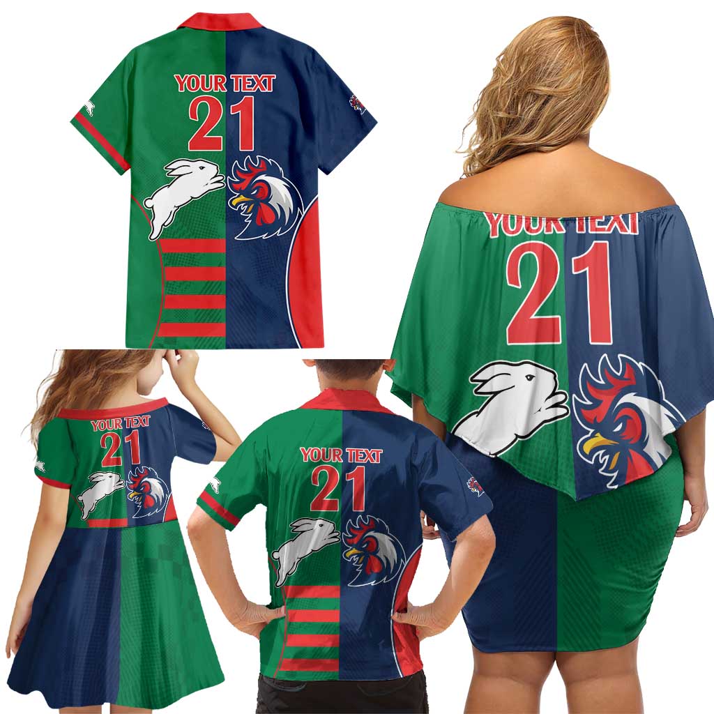 Custom Roosters-Rabbitohs Family Matching Off Shoulder Short Dress and Hawaiian Shirt NRL Tribal Half Style