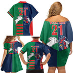 Custom Roosters-Rabbitohs Family Matching Off Shoulder Short Dress and Hawaiian Shirt NRL Tribal Half Style