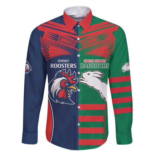 Custom Roosters-Rabbitohs Family Matching Off Shoulder Short Dress and Hawaiian Shirt NRL Tribal Half Style
