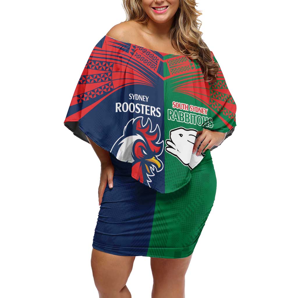 Custom Roosters-Rabbitohs Family Matching Off Shoulder Short Dress and Hawaiian Shirt NRL Tribal Half Style