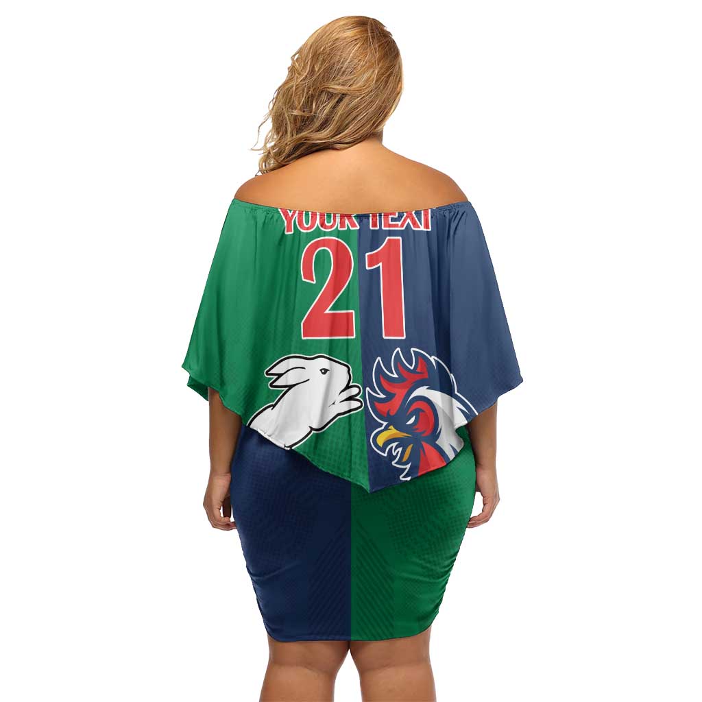 Custom Roosters-Rabbitohs Family Matching Off Shoulder Short Dress and Hawaiian Shirt NRL Tribal Half Style