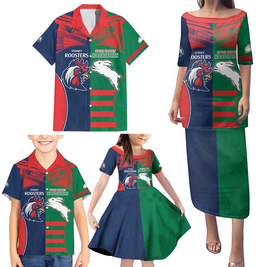 Custom Roosters-Rabbitohs Family Matching Puletasi and Hawaiian Shirt NRL Tribal Half Style