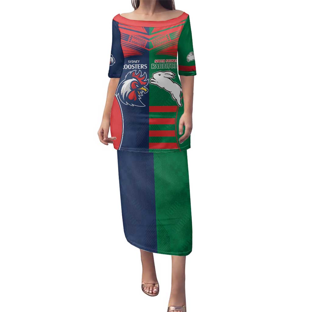 Custom Roosters-Rabbitohs Family Matching Puletasi and Hawaiian Shirt NRL Tribal Half Style