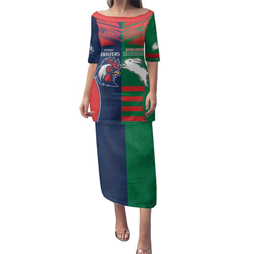 Custom Roosters-Rabbitohs Family Matching Puletasi and Hawaiian Shirt NRL Tribal Half Style