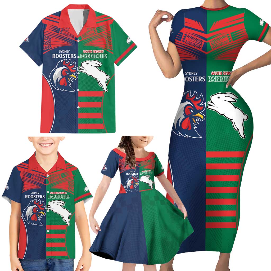 Custom Roosters-Rabbitohs Family Matching Short Sleeve Bodycon Dress and Hawaiian Shirt NRL Tribal Half Style