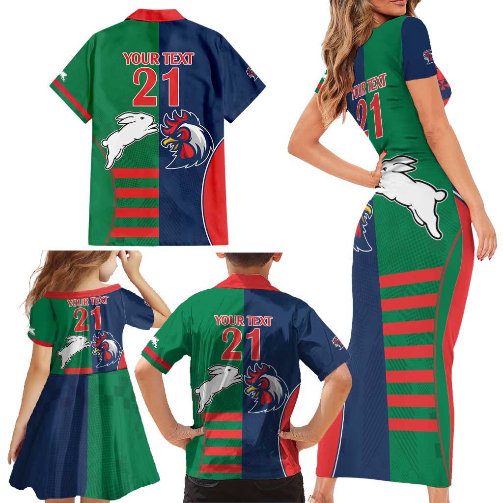 Custom Roosters-Rabbitohs Family Matching Short Sleeve Bodycon Dress and Hawaiian Shirt NRL Tribal Half Style