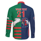 Custom Roosters-Rabbitohs Family Matching Short Sleeve Bodycon Dress and Hawaiian Shirt NRL Tribal Half Style