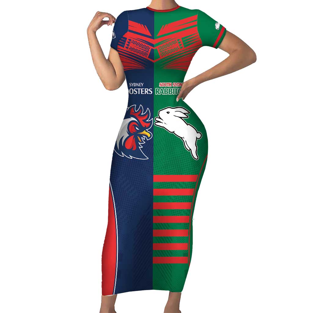 Custom Roosters-Rabbitohs Family Matching Short Sleeve Bodycon Dress and Hawaiian Shirt NRL Tribal Half Style