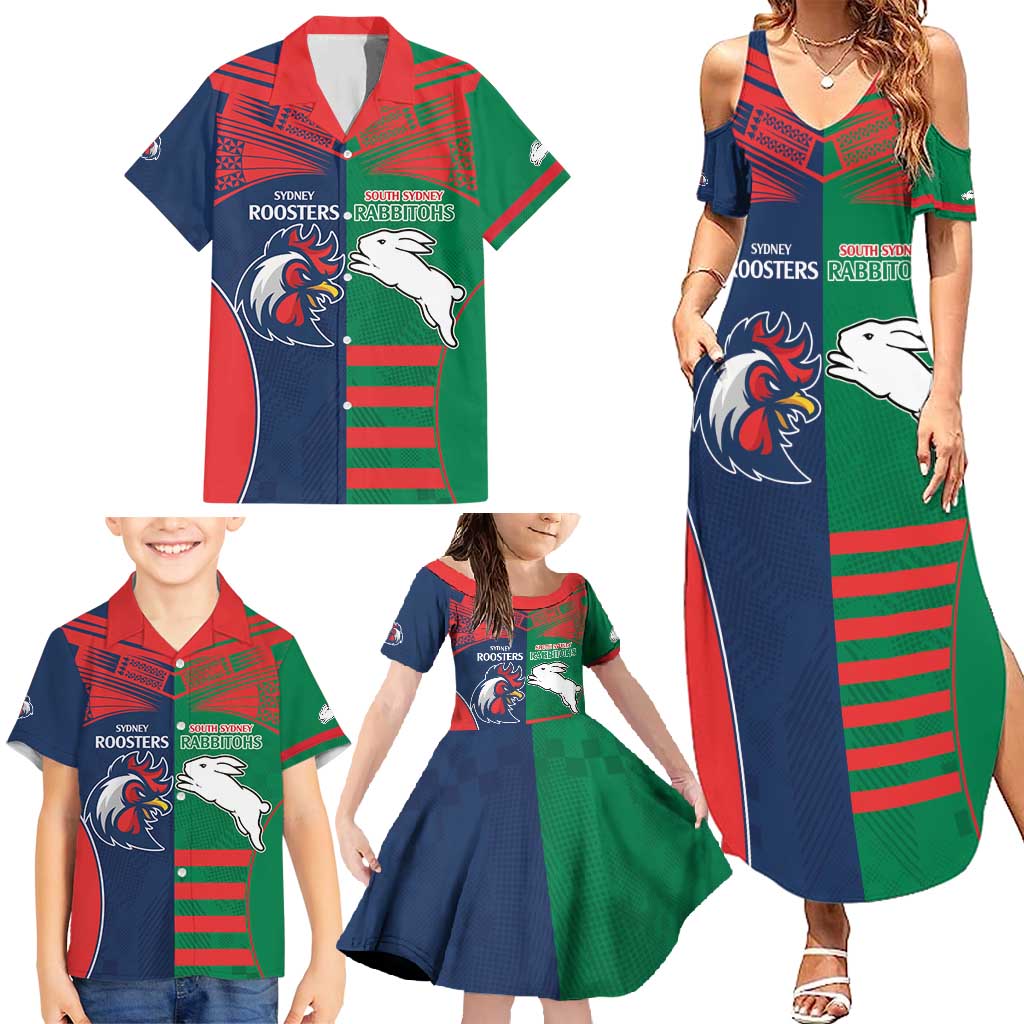 Custom Roosters-Rabbitohs Family Matching Summer Maxi Dress and Hawaiian Shirt NRL Tribal Half Style