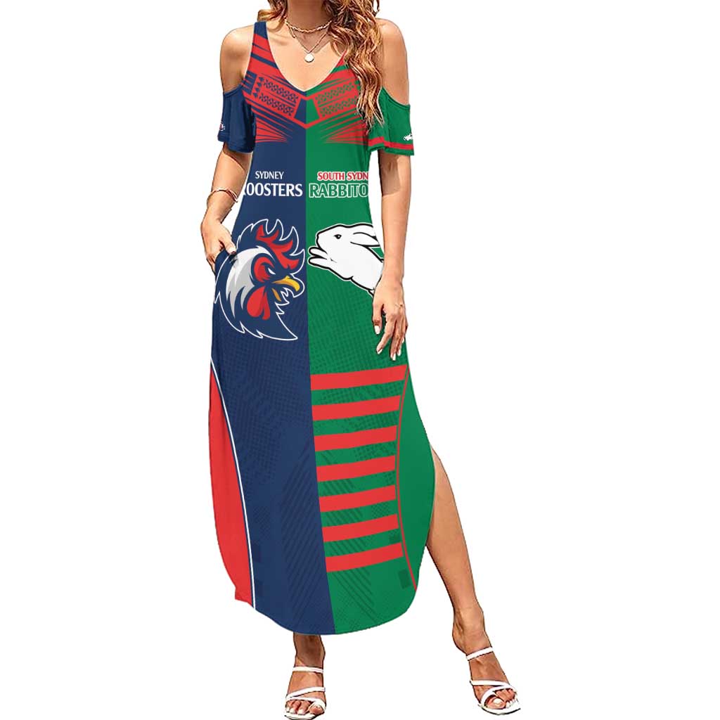 Custom Roosters-Rabbitohs Family Matching Summer Maxi Dress and Hawaiian Shirt NRL Tribal Half Style