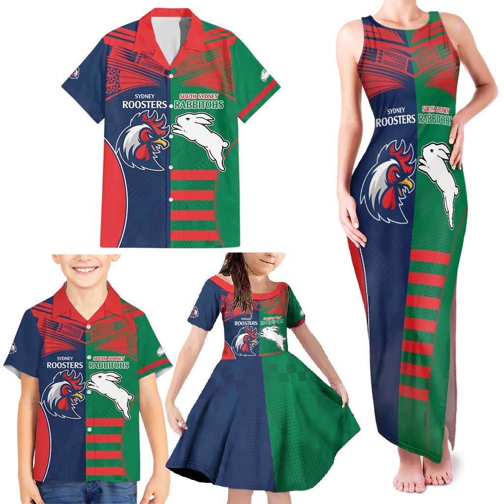 Custom Roosters-Rabbitohs Family Matching Tank Maxi Dress and Hawaiian Shirt NRL Tribal Half Style
