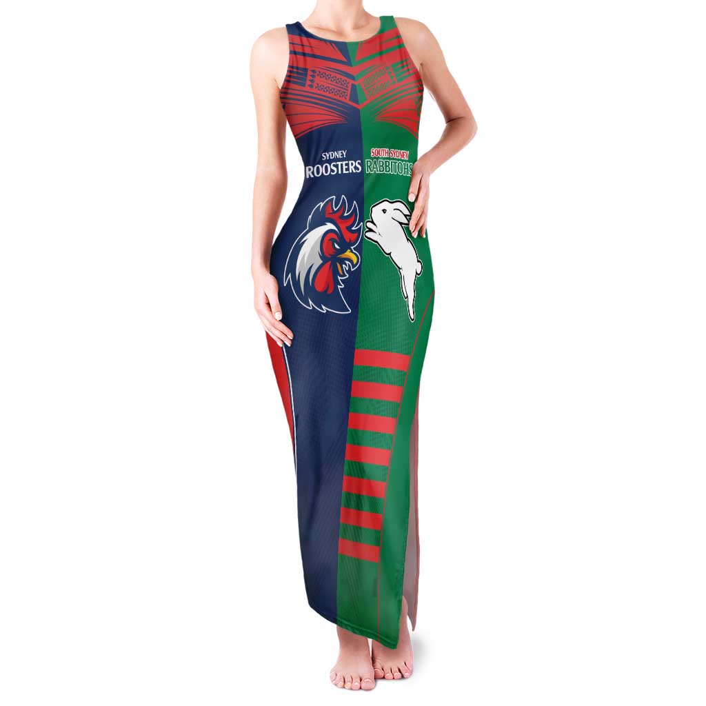 Custom Roosters-Rabbitohs Family Matching Tank Maxi Dress and Hawaiian Shirt NRL Tribal Half Style