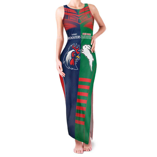 Custom Roosters-Rabbitohs Family Matching Tank Maxi Dress and Hawaiian Shirt NRL Tribal Half Style
