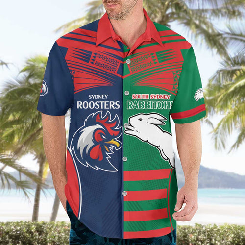 Custom Roosters-Rabbitohs Hawaiian Shirt NRL Tribal Half Style