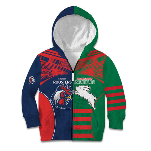 Custom Roosters-Rabbitohs Kid Hoodie NRL Tribal Half Style