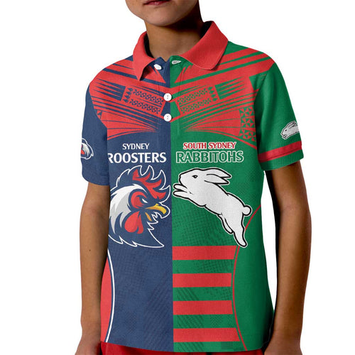 Custom Roosters-Rabbitohs Kid Polo Shirt NRL Tribal Half Style