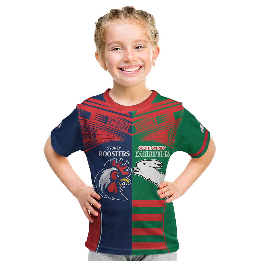 Custom Roosters-Rabbitohs Kid T Shirt NRL Tribal Half Style