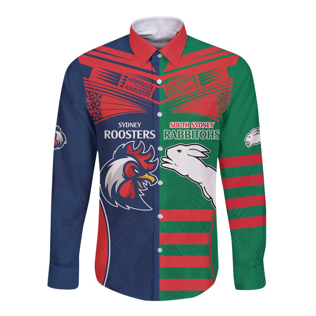Custom Roosters-Rabbitohs Long Sleeve Button Shirt NRL Tribal Half Style