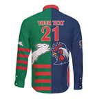 Custom Roosters-Rabbitohs Long Sleeve Button Shirt NRL Tribal Half Style