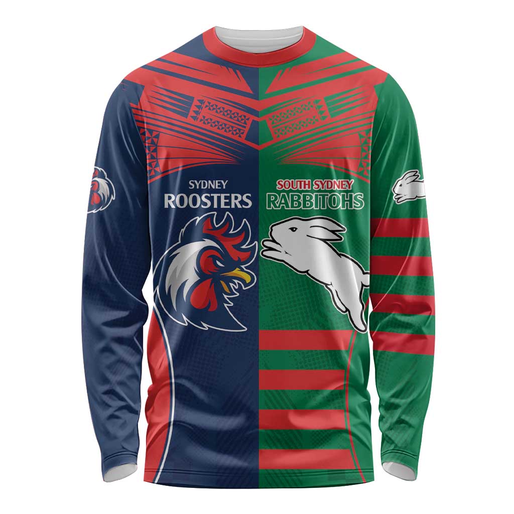 Custom Roosters-Rabbitohs Long Sleeve Shirt NRL Tribal Half Style