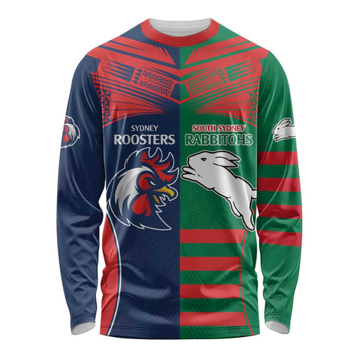 Custom Roosters-Rabbitohs Long Sleeve Shirt NRL Tribal Half Style