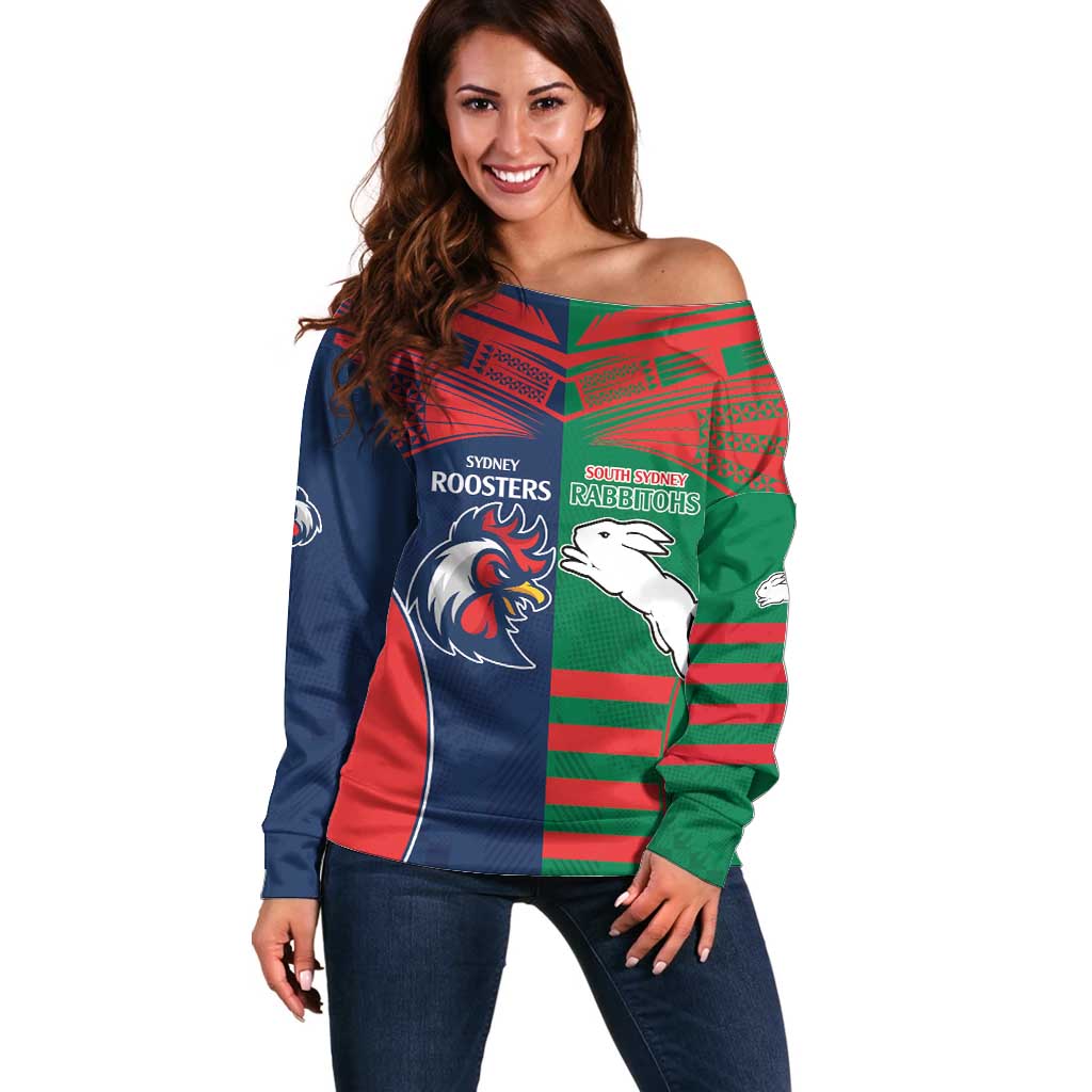 Custom Roosters-Rabbitohs Off Shoulder Sweater NRL Tribal Half Style