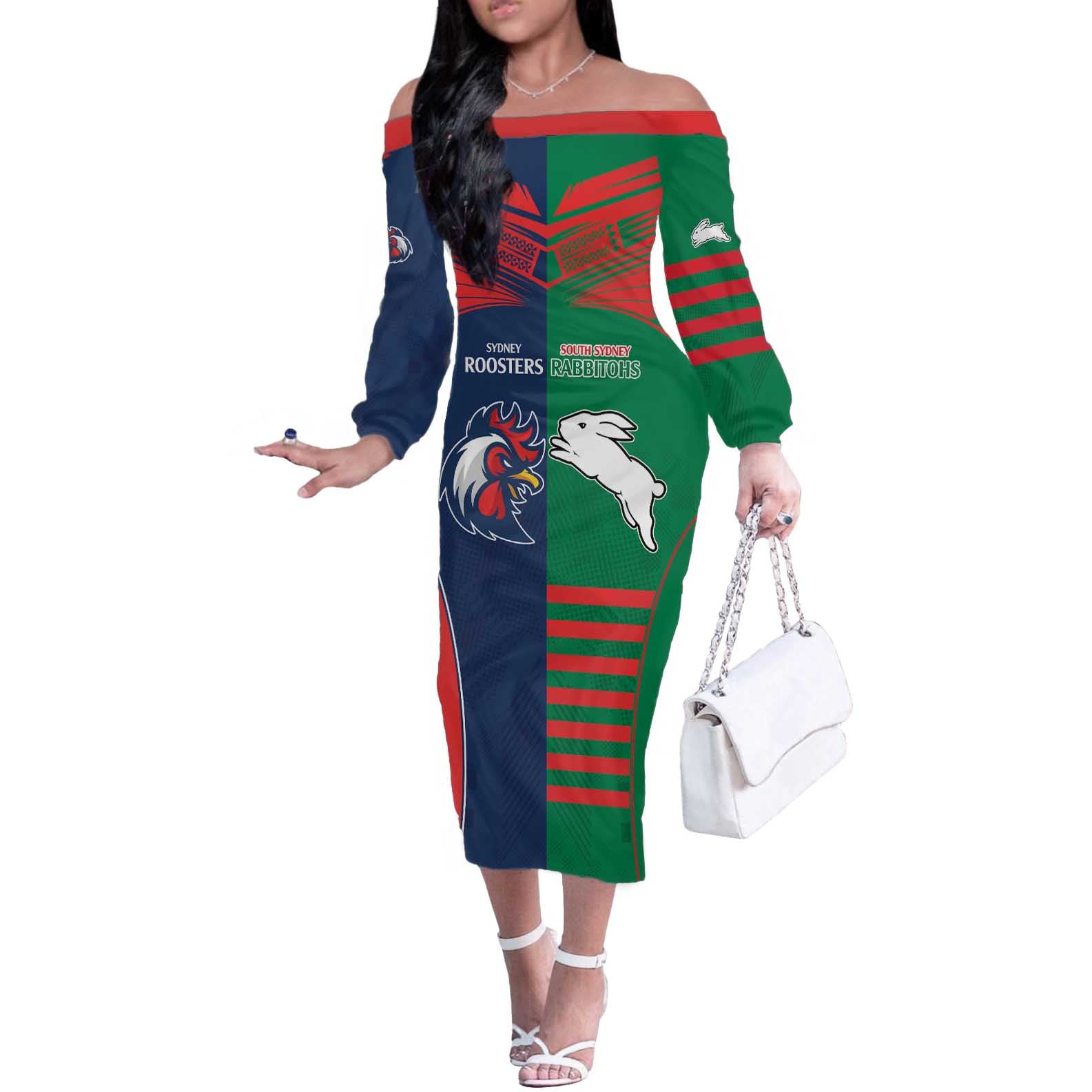 Custom Roosters-Rabbitohs Off The Shoulder Long Sleeve Dress NRL Tribal Half Style