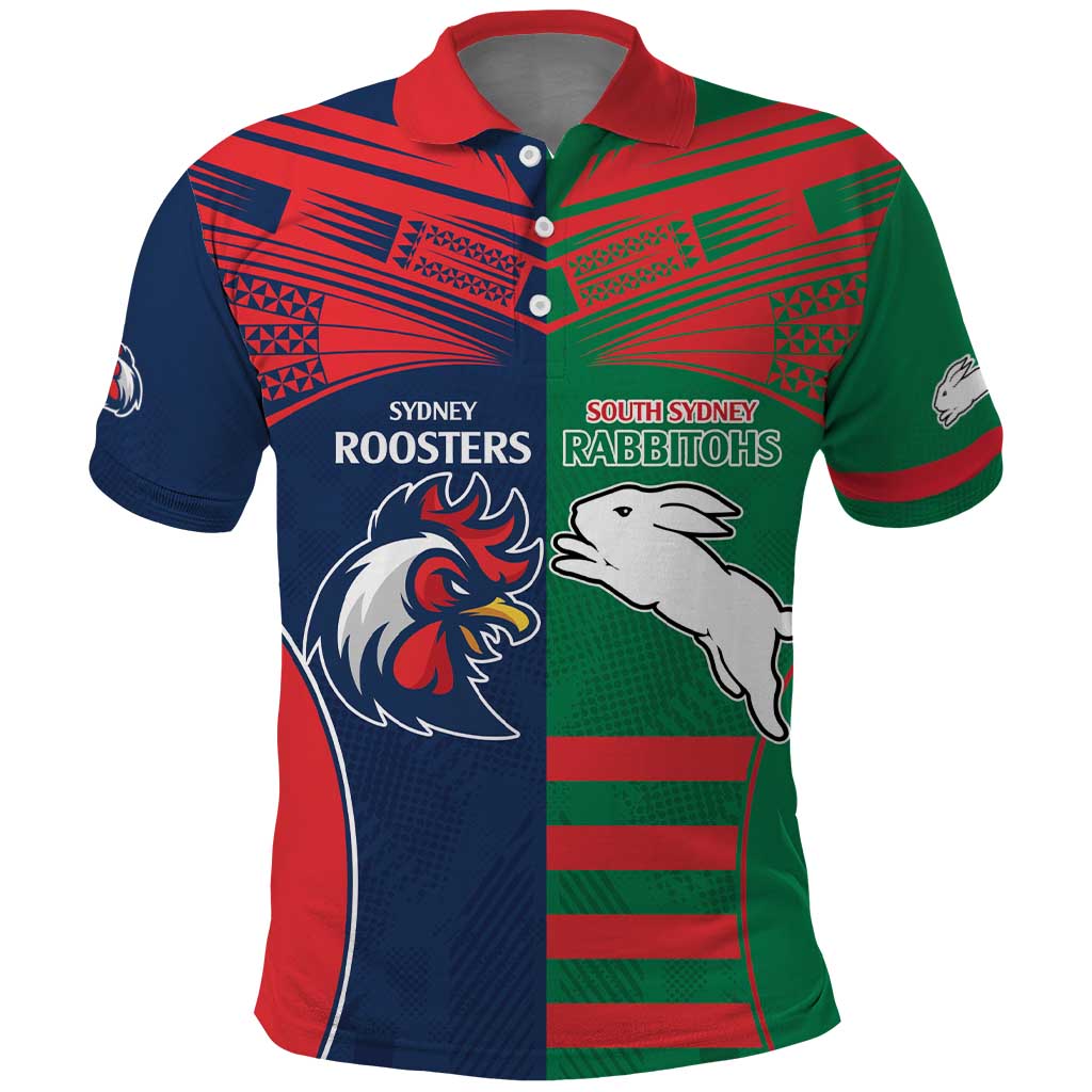 Custom Roosters-Rabbitohs Polo Shirt NRL Tribal Half Style
