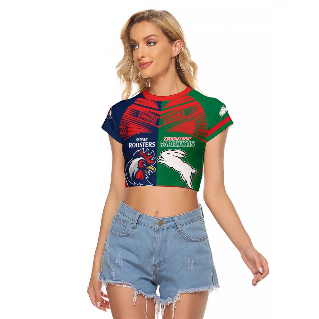 Custom Roosters-Rabbitohs Raglan Cropped T Shirt NRL Tribal Half Style