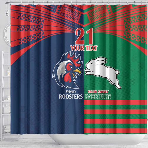 Custom Roosters-Rabbitohs Shower Curtain NRL Tribal Half Style