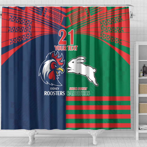 Custom Roosters-Rabbitohs Shower Curtain NRL Tribal Half Style