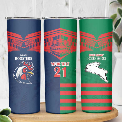 Custom Roosters-Rabbitohs Skinny Tumbler NRL Tribal Half Style