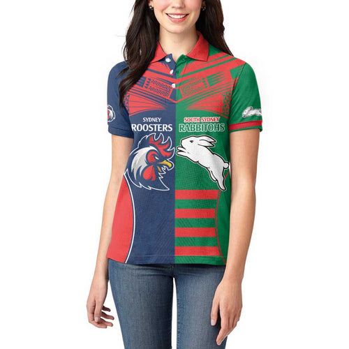 Custom Roosters-Rabbitohs Women Polo Shirt NRL Tribal Half Style