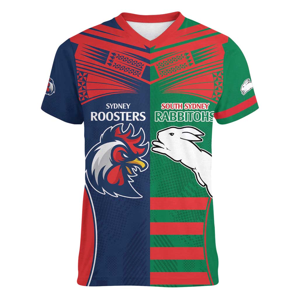 Custom Roosters-Rabbitohs Women V-Neck T-Shirt NRL Tribal Half Style