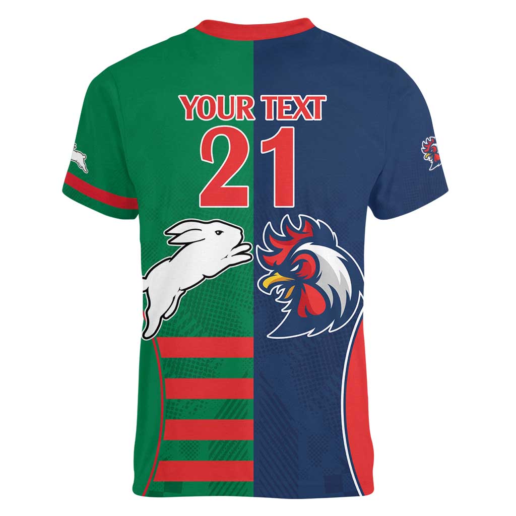 Custom Roosters-Rabbitohs Women V-Neck T-Shirt NRL Tribal Half Style
