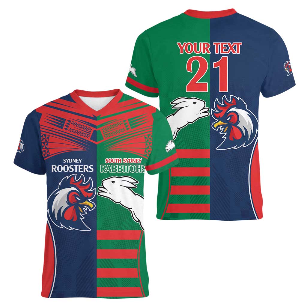 Custom Roosters-Rabbitohs Women V-Neck T-Shirt NRL Tribal Half Style