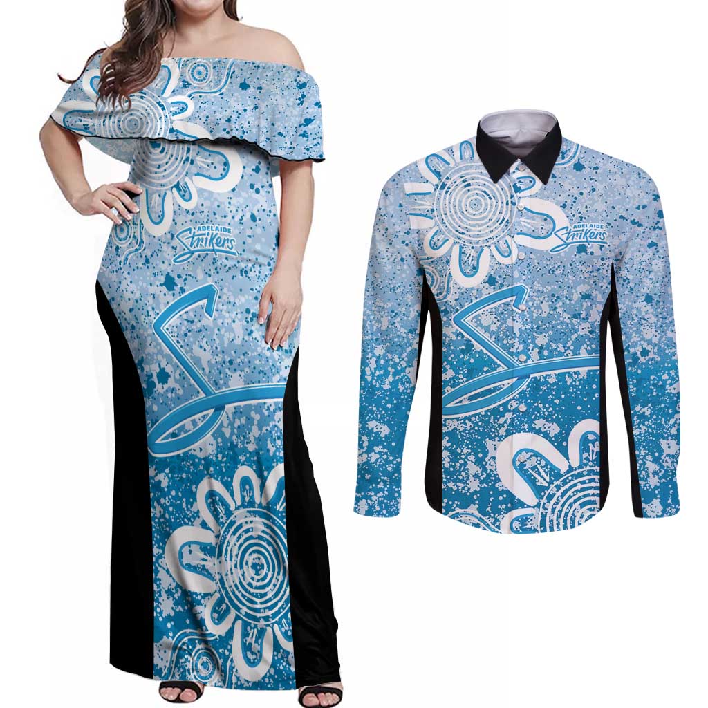 Adelaide Strikers Custom Couples Matching Off Shoulder Maxi Dress and Long Sleeve Button Shirt Minimalism Aboriginal
