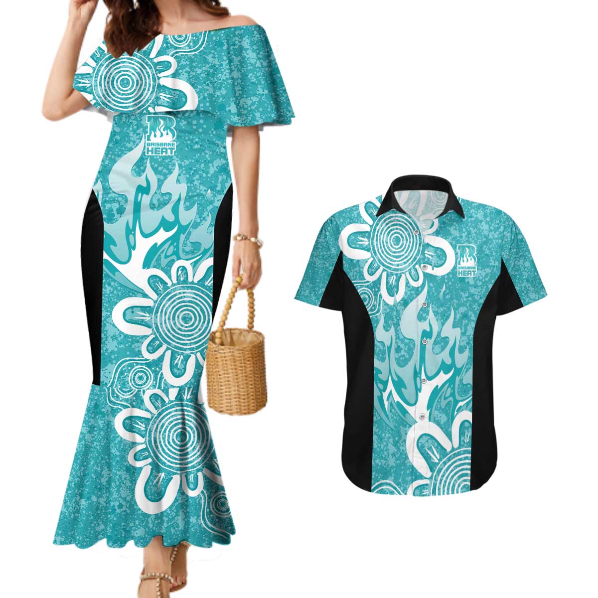 Brisbane Heat Custom Couples Matching Mermaid Dress and Hawaiian Shirt Minimalism Aboriginal
