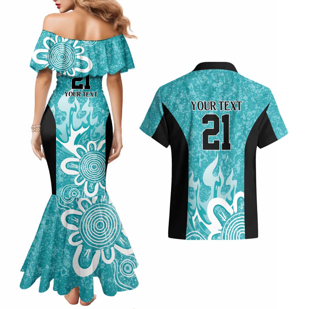 Brisbane Heat Custom Couples Matching Mermaid Dress and Hawaiian Shirt Minimalism Aboriginal