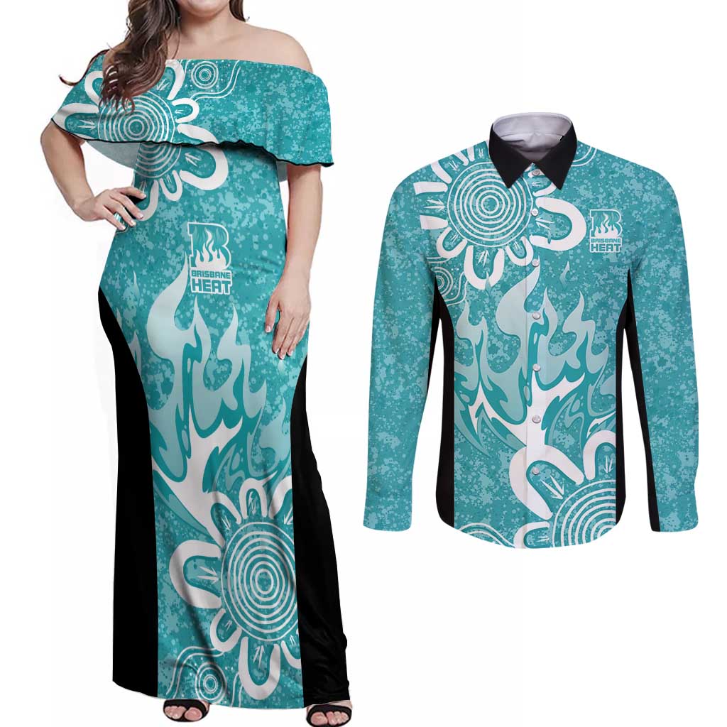 Brisbane Heat Custom Couples Matching Off Shoulder Maxi Dress and Long Sleeve Button Shirt Minimalism Aboriginal