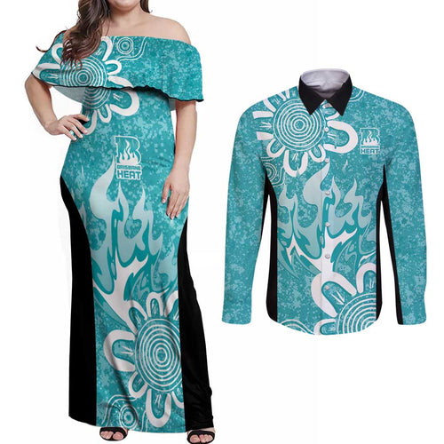 Brisbane Heat Custom Couples Matching Off Shoulder Maxi Dress and Long Sleeve Button Shirt Minimalism Aboriginal