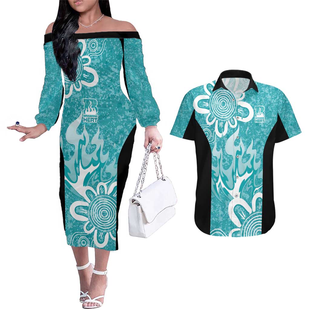 Brisbane Heat Custom Couples Matching Off The Shoulder Long Sleeve Dress and Hawaiian Shirt Minimalism Aboriginal