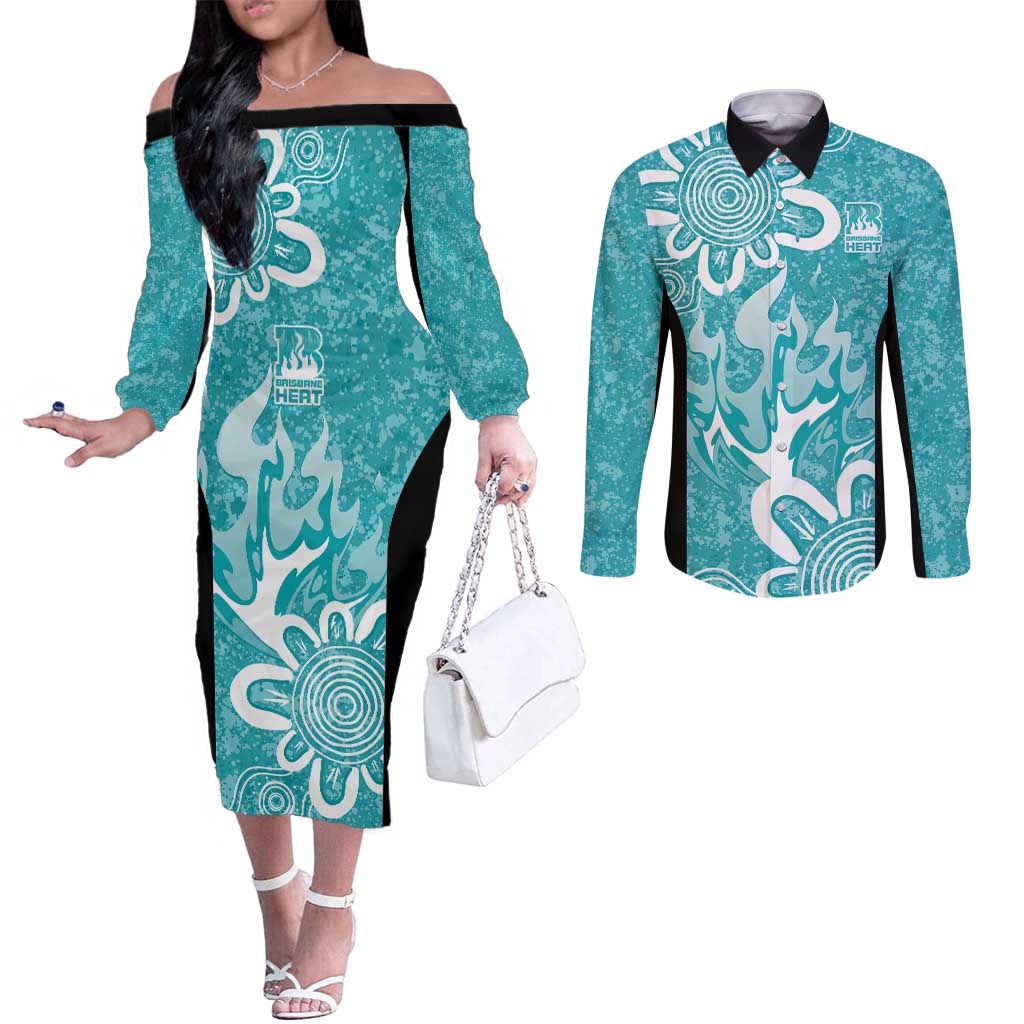 Brisbane Heat Custom Couples Matching Off The Shoulder Long Sleeve Dress and Long Sleeve Button Shirt Minimalism Aboriginal