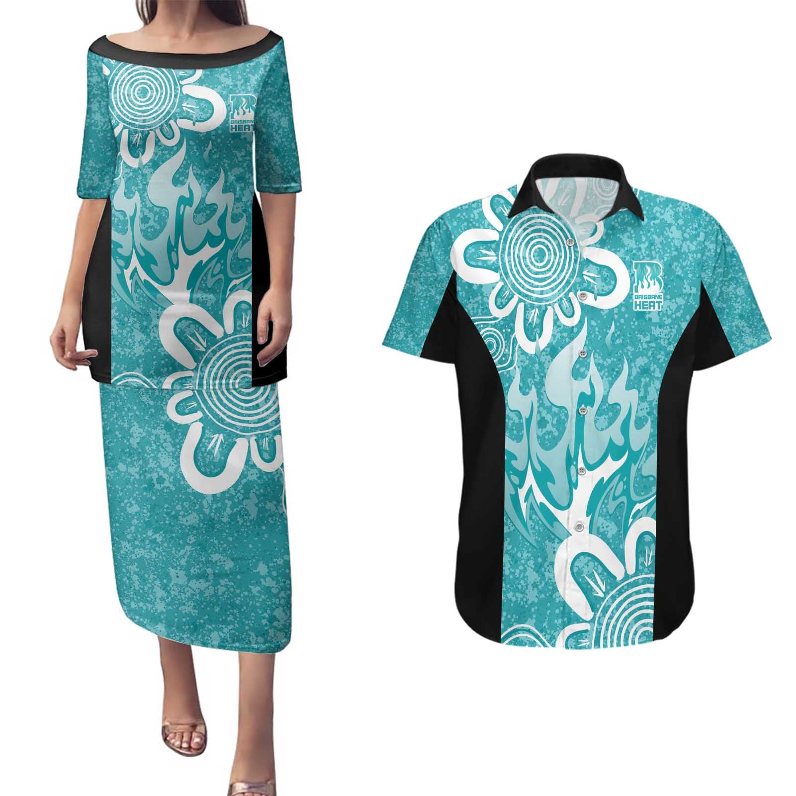 Brisbane Heat Custom Couples Matching Puletasi and Hawaiian Shirt Minimalism Aboriginal