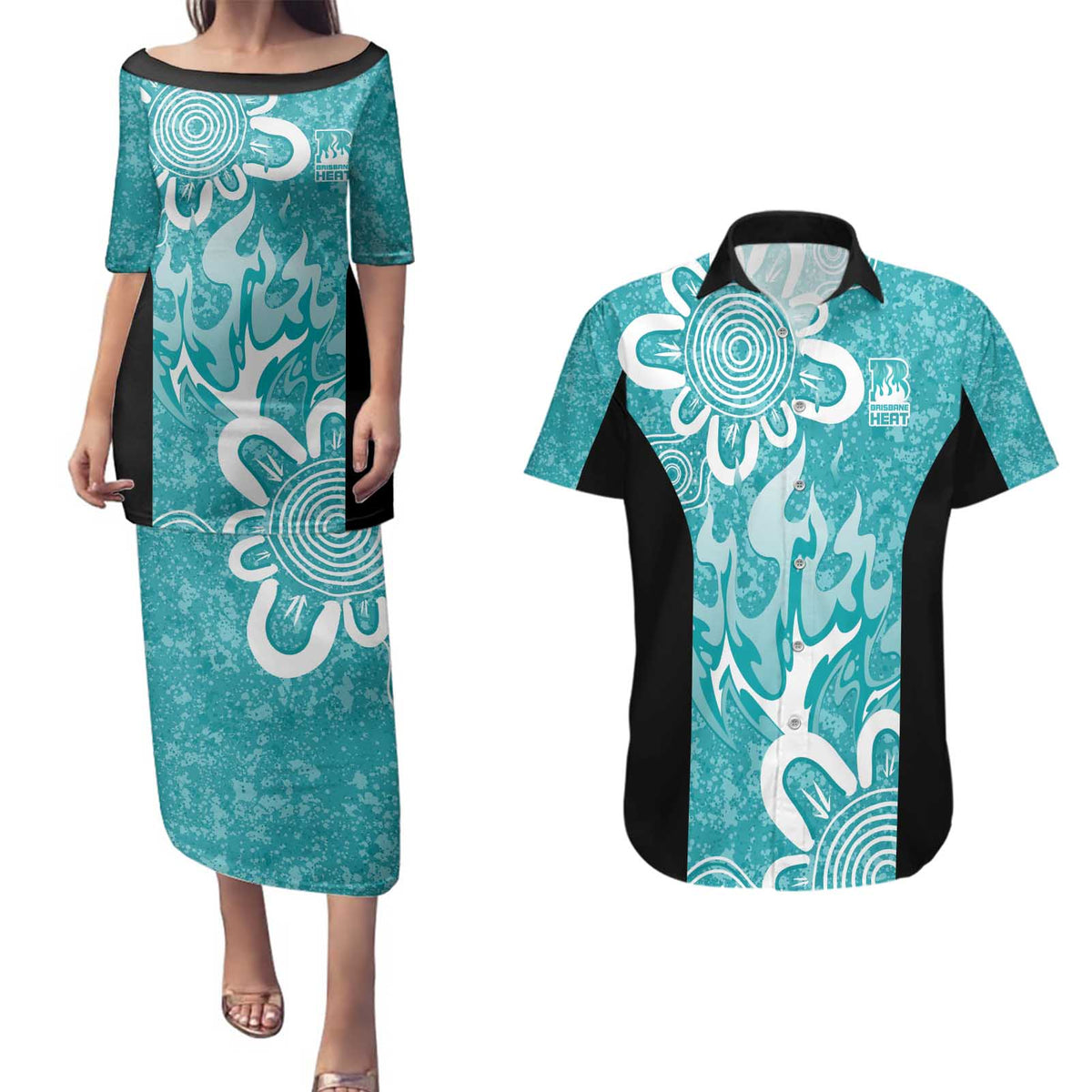 Brisbane Heat Custom Couples Matching Puletasi and Hawaiian Shirt Minimalism Aboriginal