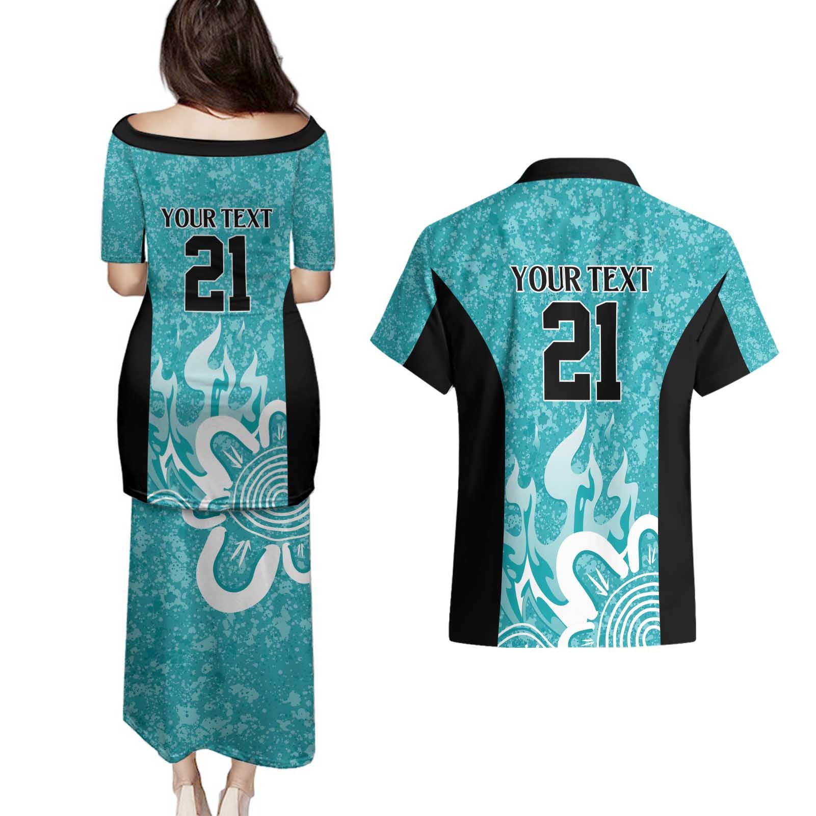 Brisbane Heat Custom Couples Matching Puletasi and Hawaiian Shirt Minimalism Aboriginal
