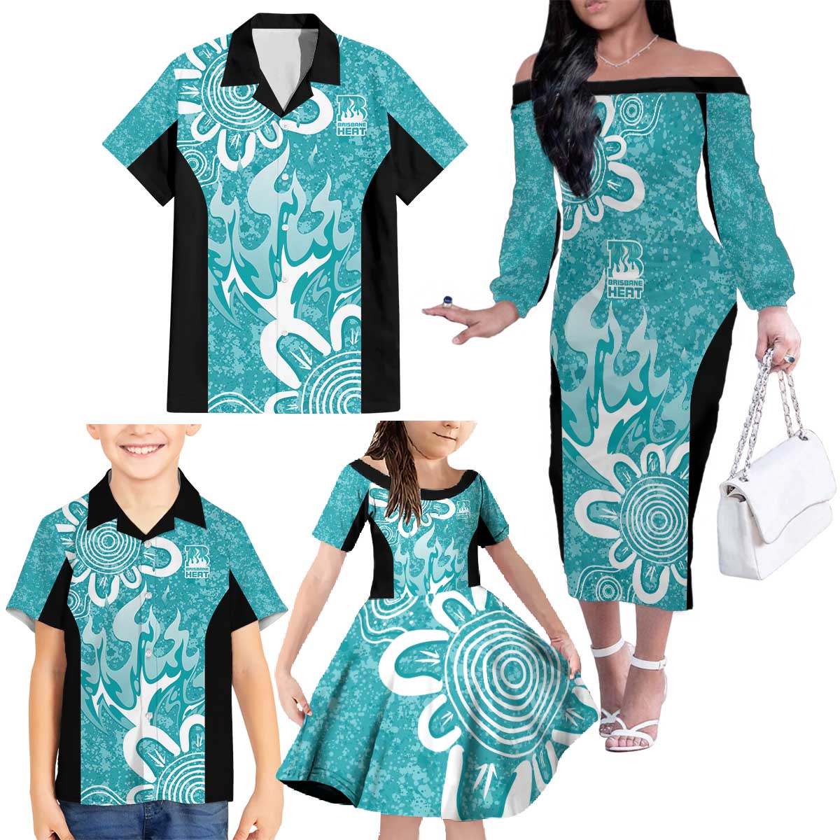 Brisbane Heat Custom Family Matching Off The Shoulder Long Sleeve Dress and Hawaiian Shirt Minimalism Aboriginal